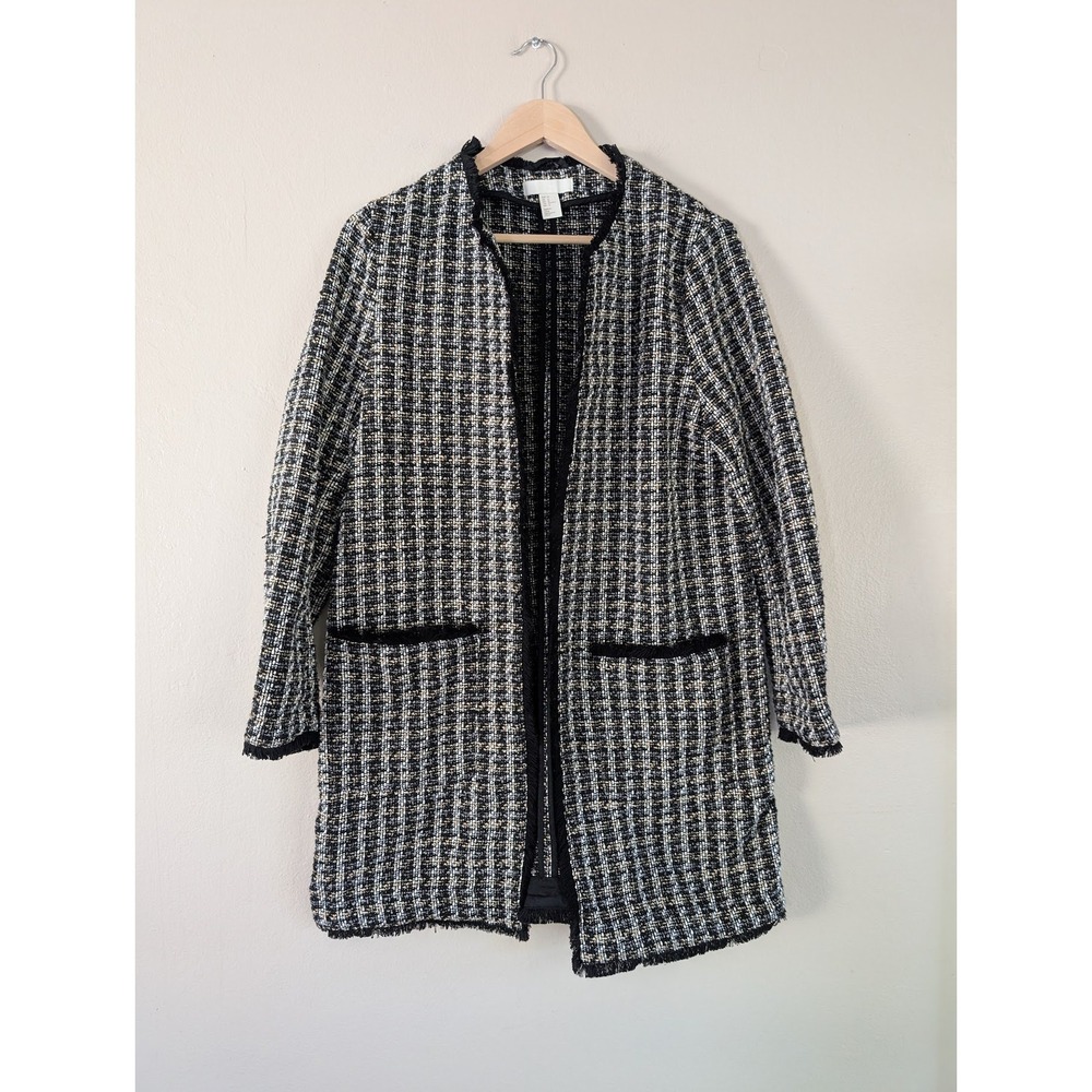 H&M Black‎ Beige Tweed Longline Jacket Sz 12 Old Money Academia Professional
